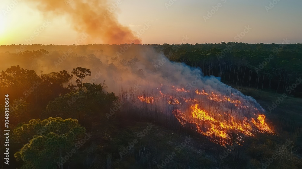 Fototapeta premium Controlled Burn in Agricultural Landscape at Sunset
