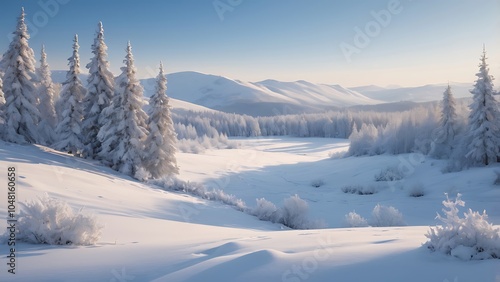 Wallpaper Mural Digital illustration depicting a serene winter landscape features a wide, panoramic view of snow-covered hills and valleys, with a clear blue sky overhead Torontodigital.ca