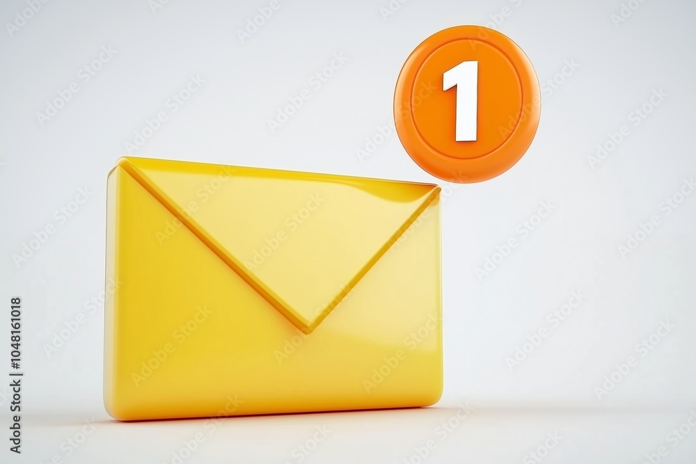 A yellow envelope with an orange notification bubble showing 1 rendered in 3D with a glossy finish A yellow envelope with an orange notification bubble showing 1 rendered in 3D with a glossy finish