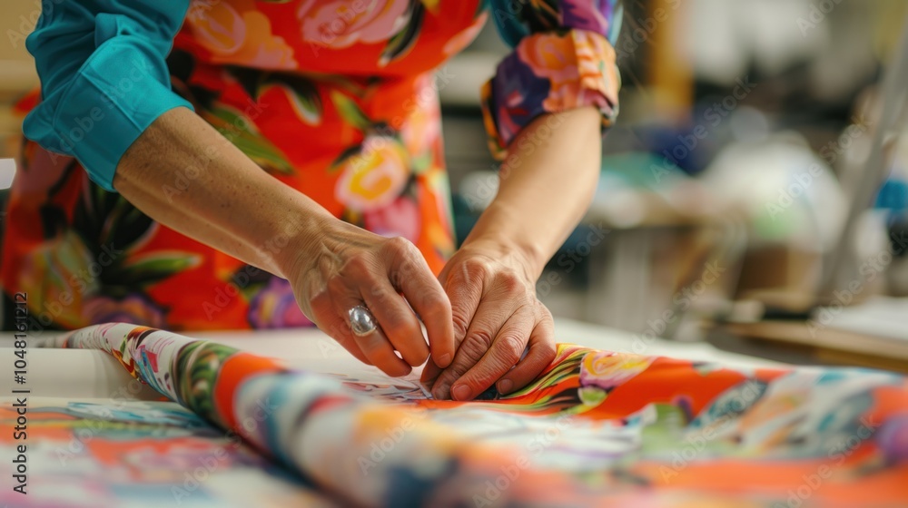A Person's Hands Working With Vibrant Floral Fabric A Person's Hands Working With Vibrant Floral Fabric
