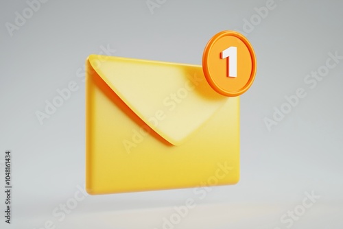 A 3D floating yellow envelope with a glossy surface and an orange 1 notification icon photo