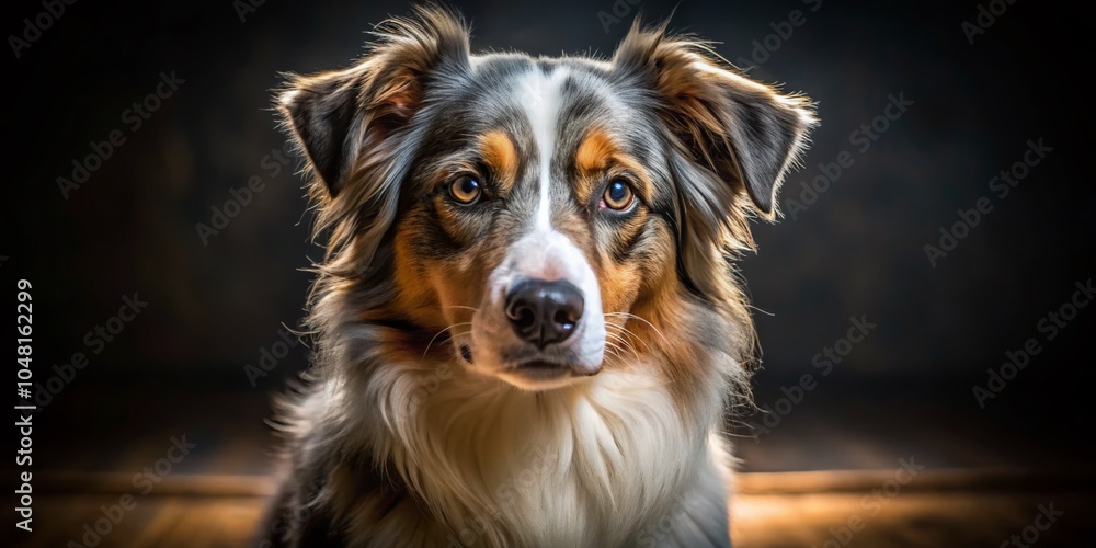 Australian Shepherd in Low Light, Captivating Attention and Focused Expression, Perfect for Pet Lovers and Dog Australian Shepherd in Low Light, Captivating Attention and Focused Expression, Perfect for Pet Lovers and Dog