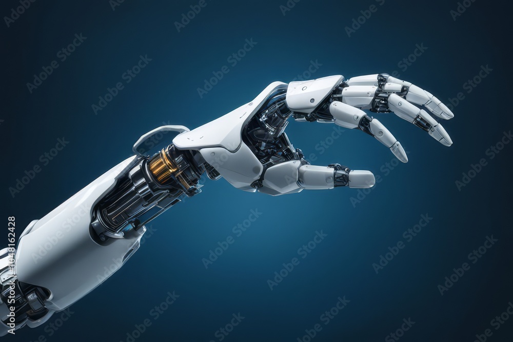 A detailed close-up of a futuristic robotic arm, reaching with a delicate precision against a deep blue background. A detailed close-up of a futuristic robotic arm, reaching with a delicate precision against a deep blue background.