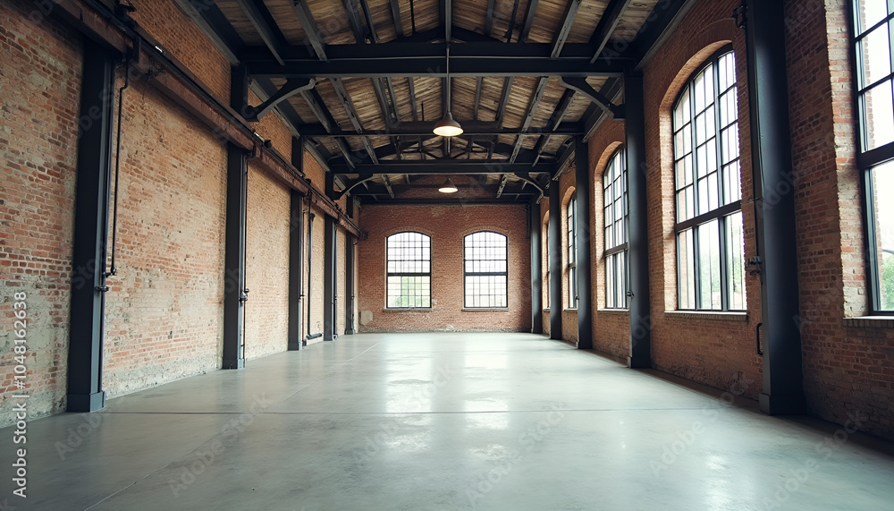 Spacious empty industrial loft with brick walls and large windows in natural light Spacious empty industrial loft with brick walls and large windows in natural light