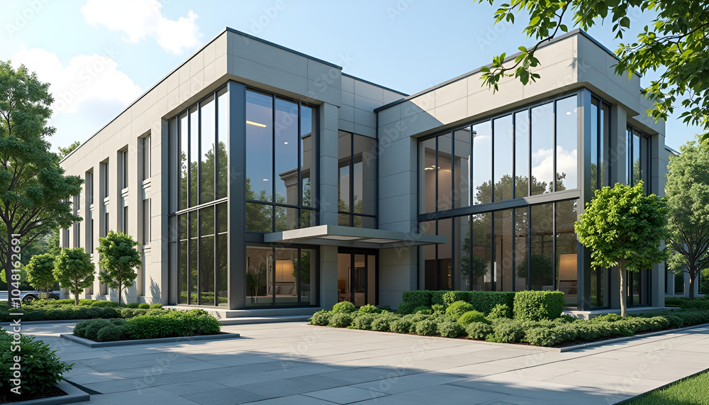 Modern office building exterior with clear sky and greenery in a professional setting Modern office building exterior with clear sky and greenery in a professional setting
