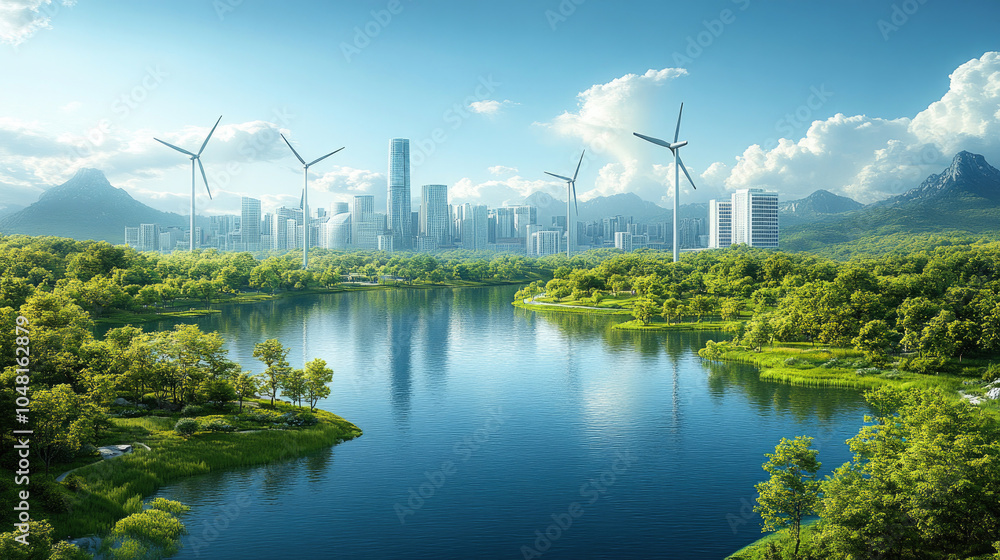 Coastal urban buildings and wind turbines Coastal urban buildings and wind turbines