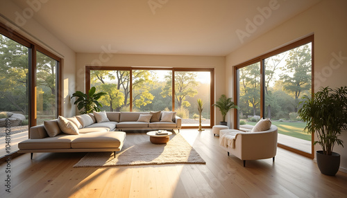 Wallpaper Mural Spacious modern living room with large windows and natural light overlooking a beautiful garden Torontodigital.ca