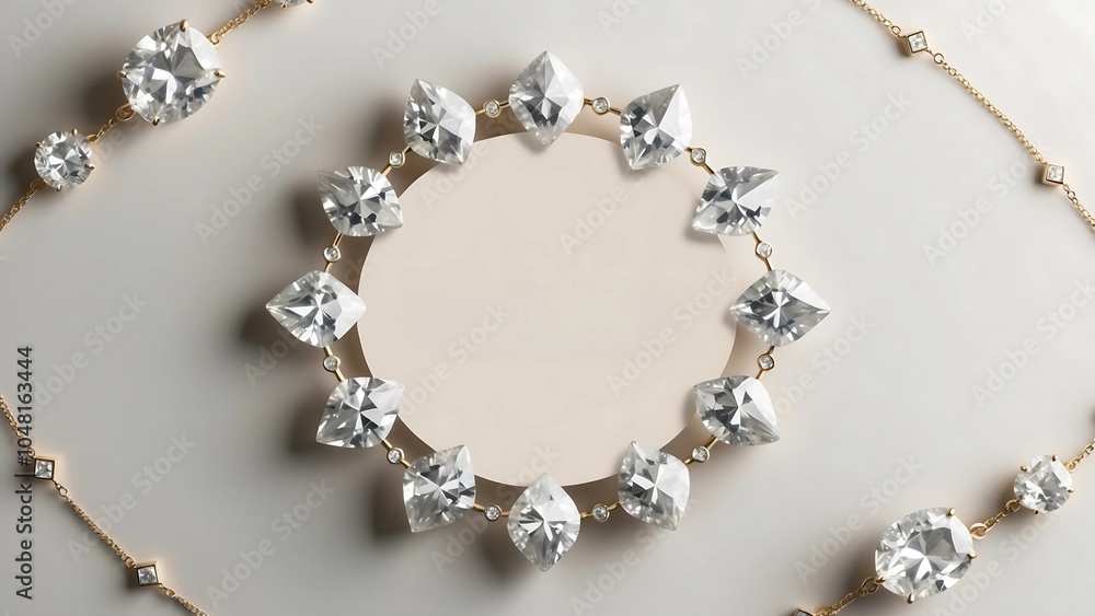 A serene image featuring an arrangement of diamond and Jewelry, strategically placed around a circular empty space in the center A serene image featuring an arrangement of diamond and Jewelry, strategically placed around a circular empty space in the center