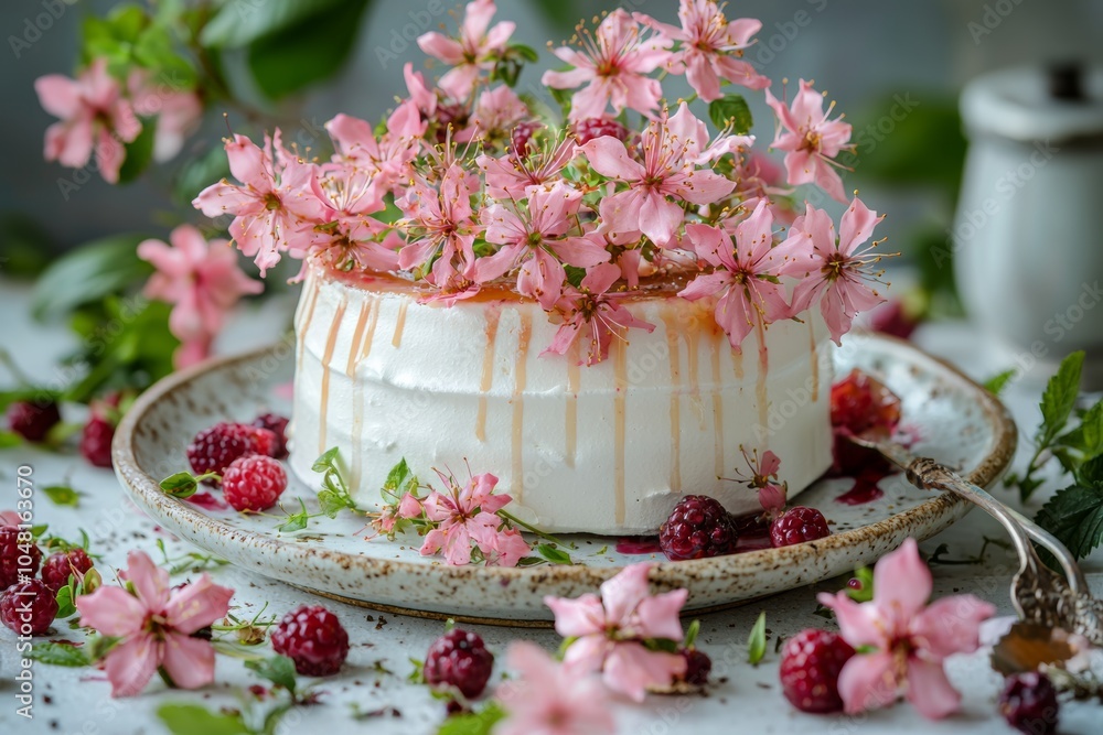 A beautifully decorated cake topped with pink flowers and raspberries on a rustic plate. A beautifully decorated cake topped with pink flowers and raspberries on a rustic plate.