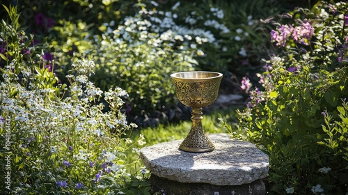 Serene Garden Scene with Chalice on Stone Base