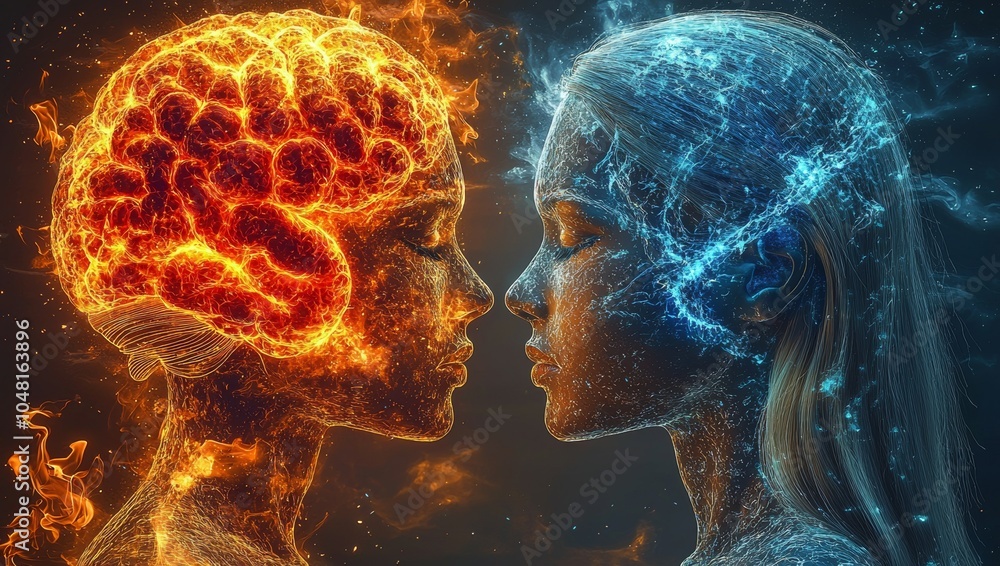 A conceptual representation of contrasting emotions, showcasing a fiery brain and a serene face. A conceptual representation of contrasting emotions, showcasing a fiery brain and a serene face.
