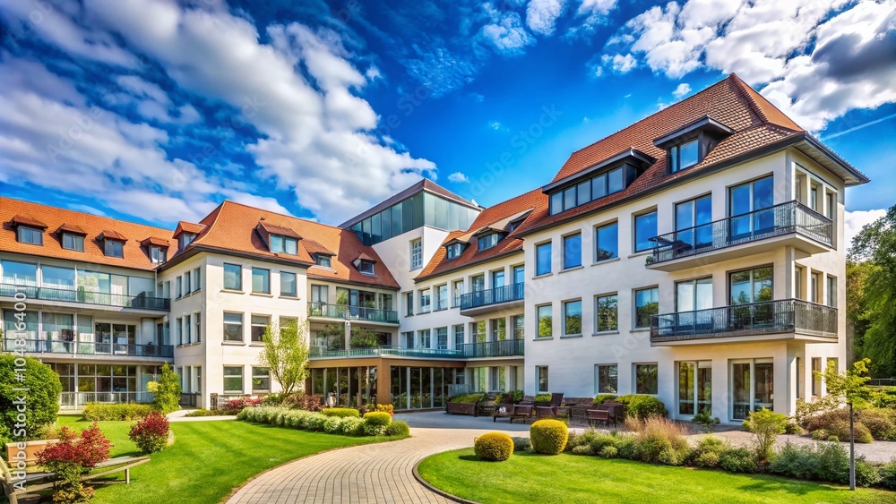 Obraz premium Beautiful Architecture of Senior Home and Hospital in Erfurt, Germany Under a Clear Blue Sky
