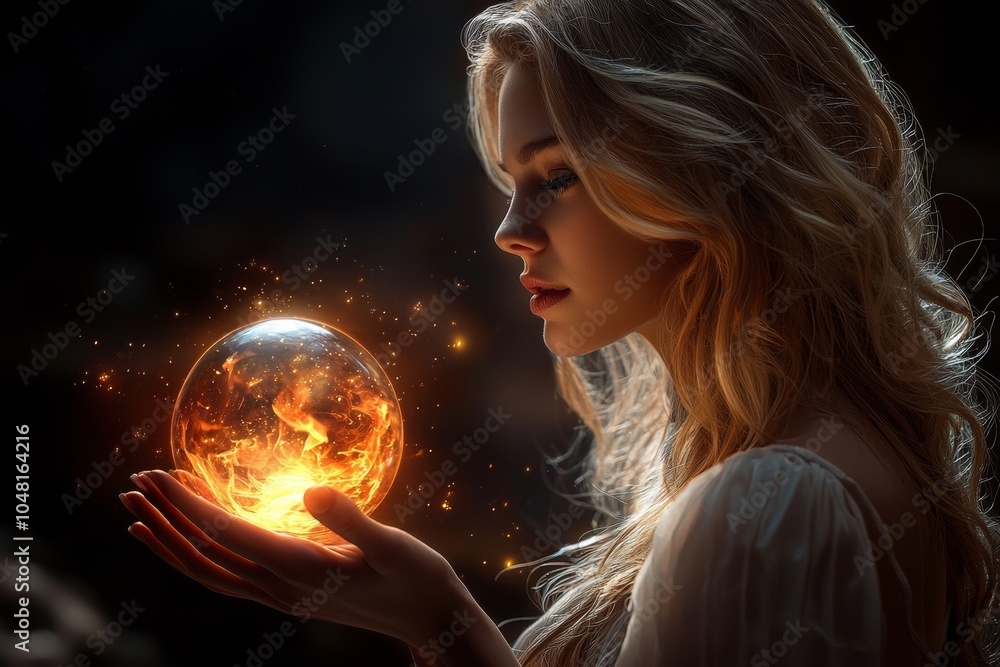 Naklejka premium A mystical woman holds a glowing orb, symbolizing magic and wonder in a dark background.