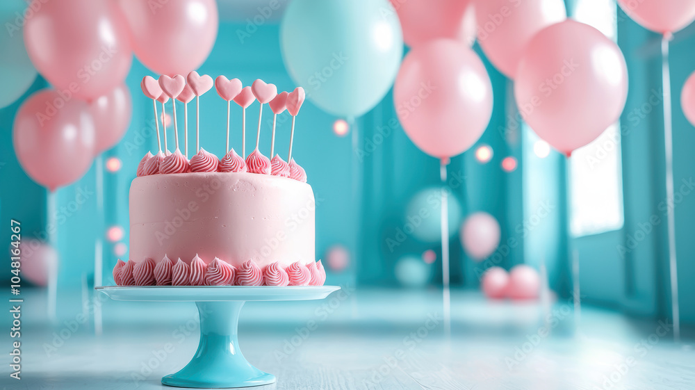Delightful Birthday Cake Surrounded by Charming Balloons for a Festive Celebration in a Brightly Colored Room Delightful Birthday Cake Surrounded by Charming Balloons for a Festive Celebration in a Brightly Colored Room