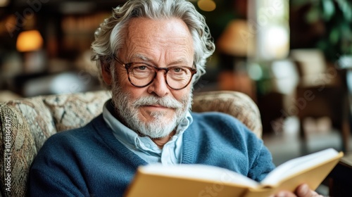 Senior Man Reading Book in Comfortable Living Room Relaxing Retirement Home Lifestyle