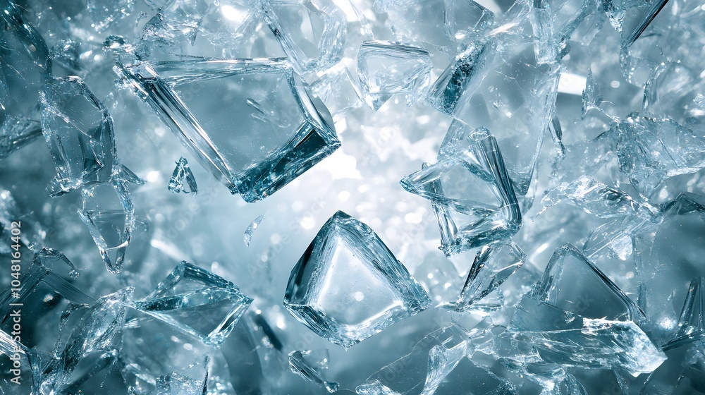 A frozen moment of shattered glass with light reflecting off each fragment in a dynamic abstract explosion A frozen moment of shattered glass with light reflecting off each fragment in a dynamic abstract explosion