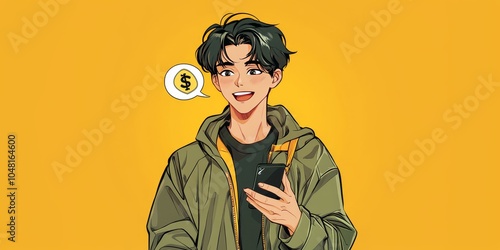 Laughing Chinese young man with smartphone