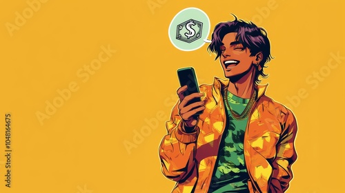 Excited Indian young man with smartphone