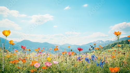 Vibrant Wildflower Field Under Scenic Blue Sky