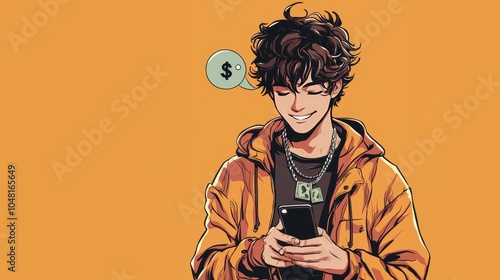 Young man smiling with dollar sign