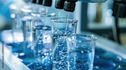 Liquid being dispensed into multiple glass beakers