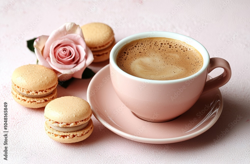 Aesthetic coffee cup with macarons and a pink rose on a softly colored background. Aesthetic coffee cup with macarons and a pink rose on a softly colored background.