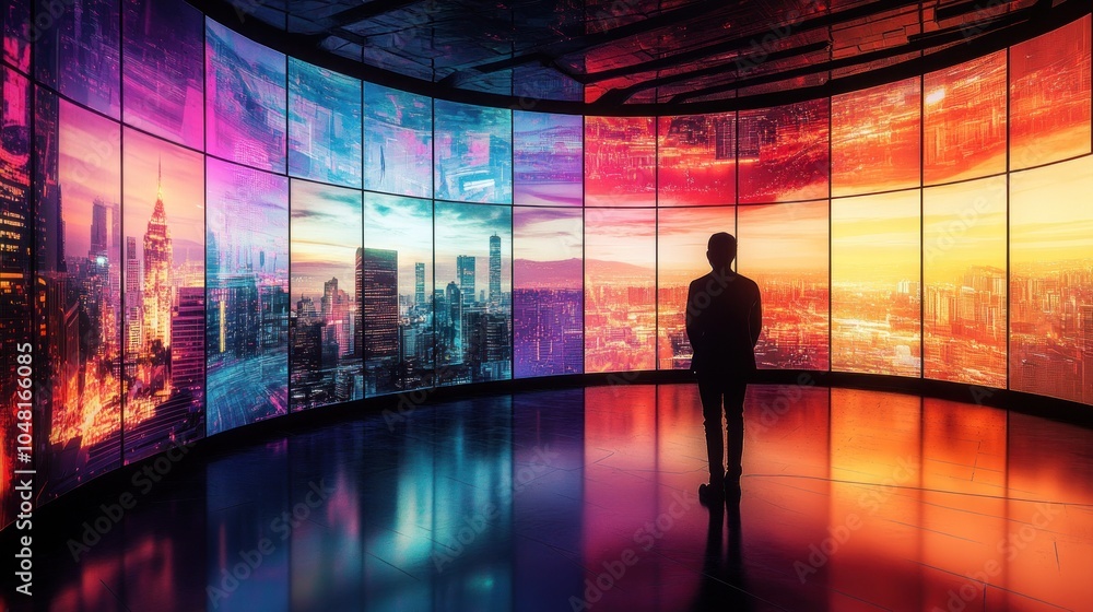 A solitary figure stands in a room surrounded by screens, each displaying a stunning cityscape bathed in the warm glow of a setting sun A solitary figure stands in a room surrounded by screens, each displaying a stunning cityscape bathed in the warm glow of a setting sun