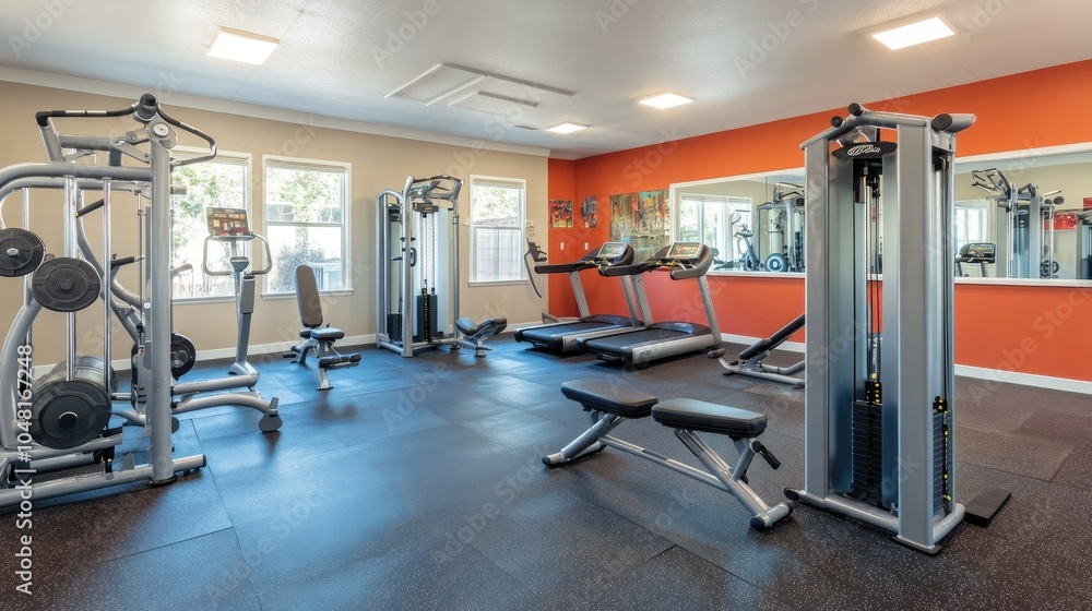 Fototapeta premium Bright and modern fitness center with a variety of sports equipment, from resistance bands to treadmills, all arranged in a spacious and minimalist layout.