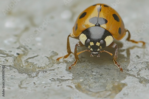 Close-up of a ladybug on a wet surface, showcasing its vibrant coloration and intricate details.