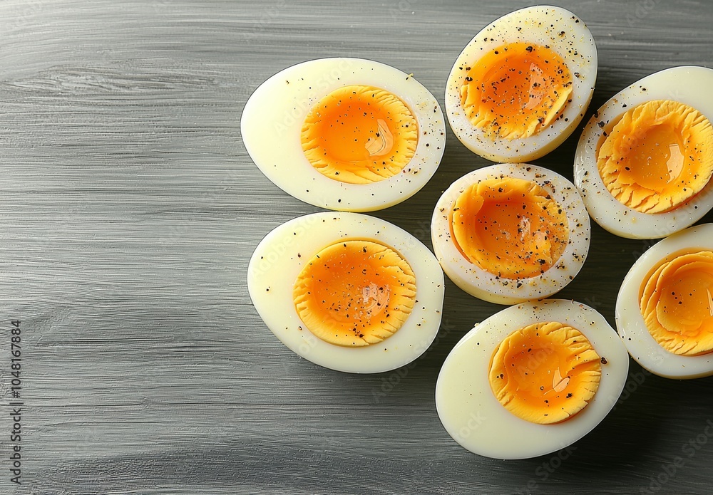 Close-up of halved boiled eggs with yellow yolks and speckles on a rustic wooden surface. Close-up of halved boiled eggs with yellow yolks and speckles on a rustic wooden surface.