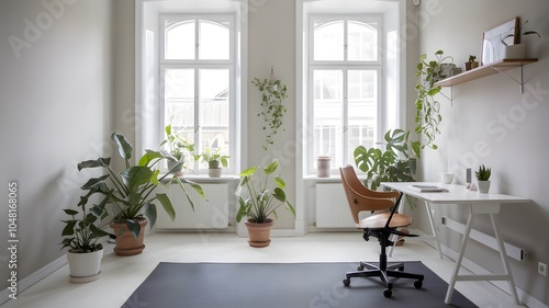 a minimalist Scandinavian home office with a white desk and a wooden chair.