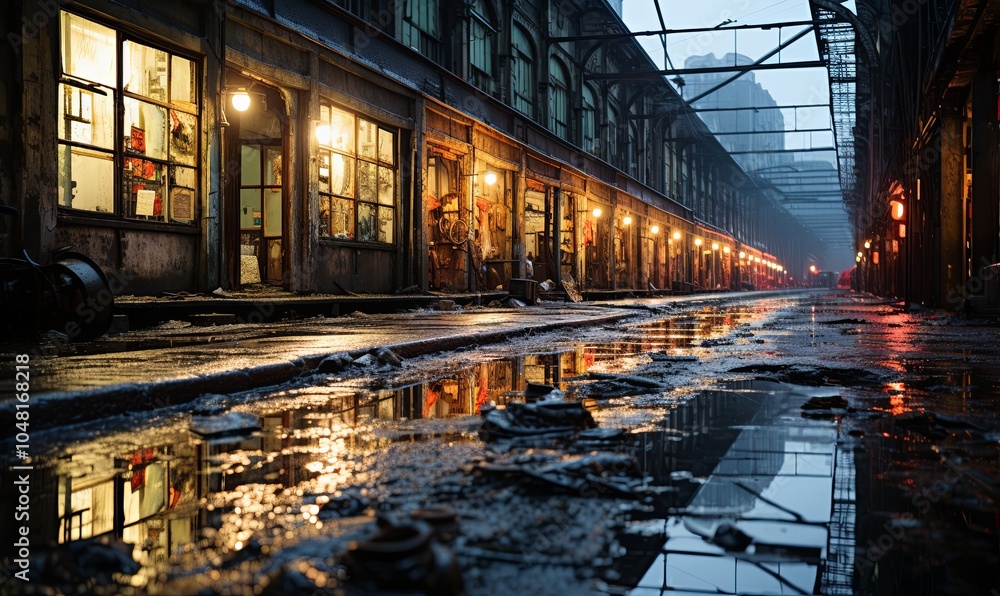 Wet City Street at Night With Puddle Wet City Street at Night With Puddle