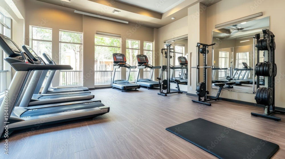Fototapeta premium Cutting-edge fitness gym with treadmills, resistance machines, and weights, set in a modern, minimalist space designed for focused workouts.
