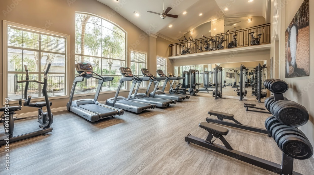 Fototapeta premium Luxury fitness center with sleek sports equipment, free weights, and resistance bands, illuminated by natural light from large windows.