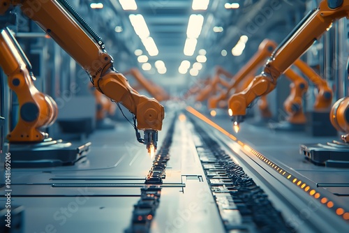 AI Controlled Factory Floor with Robotic Arms Symbolizing Efficiency and Precision in Manufacturing