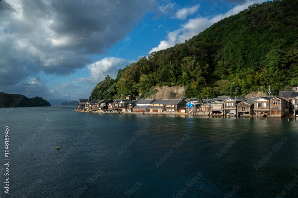 Funaya Boathouses in Ine fisherman village Kyoto Prefecture, The funayas were originally constructed to lift fishermen's wooden boats from the sea
