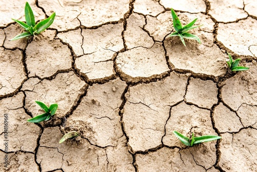 Cracked soil with small green plants emerging from the dry earth, symbolizing resilience and hope in arid conditions.