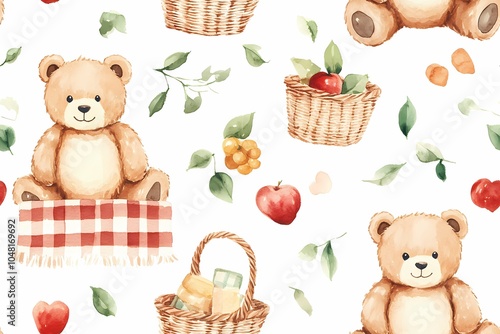 Teddy Bear Picnic Design, featuring playful teddy bears amidst a charming picnic setting, perfect for children's decor or fabric.