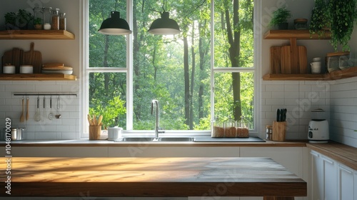 Modern rustic kitchen design with white tile walls, a sturdy wooden table, and a view of towering green trees from the kitchen window.