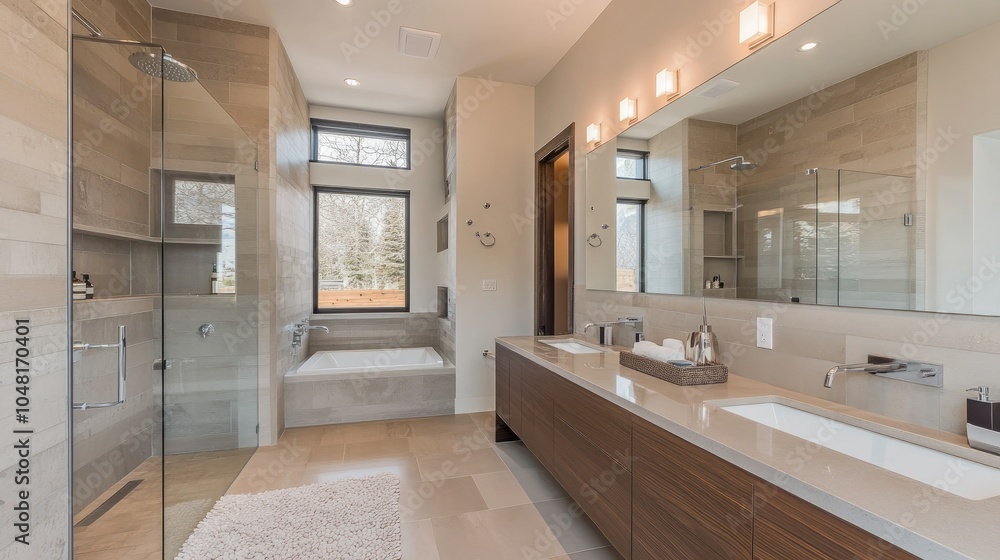 Spacious modern bathroom with a large frameless mirror, rain shower, and floating sink, surrounded by minimalist decor and high-end finishes. Spacious modern bathroom with a large frameless mirror, rain shower, and floating sink, surrounded by minimalist decor and high-end finishes.