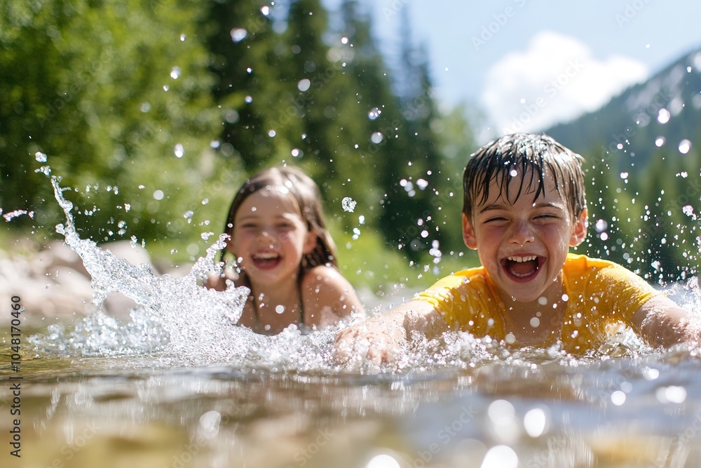 Children splashing in sunny river, joyful moment Children splashing in sunny river, joyful moment