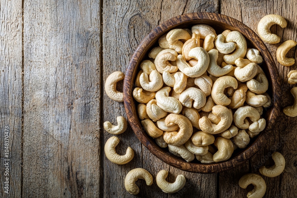 Delicious cashews in a rustic wooden bowl on a textured wooden surface. Delicious cashews in a rustic wooden bowl on a textured wooden surface.