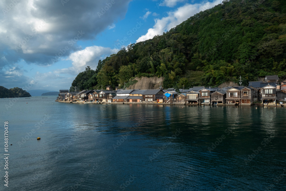 Funaya Boathouses in Ine fisherman village Kyoto Prefecture, The funayas were originally constructed to lift fishermen's wooden boats from the sea