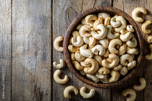 Delicious cashews in a rustic wooden bowl on a textured wooden surface.