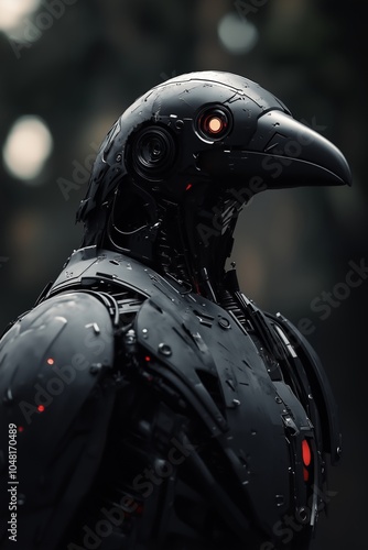 A Sleek Robotic Crow Stands in a Dark, Moody Forest During Twilight, Showcasing Intricate Mechanical Details and Glowing Elements photo