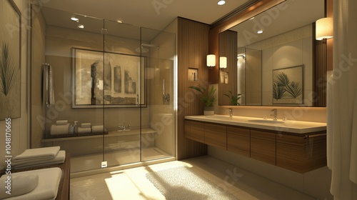 Stylish bathroom with a walk-in shower, floating vanity, and a wide mirror, showcasing a modern and clean aesthetic.