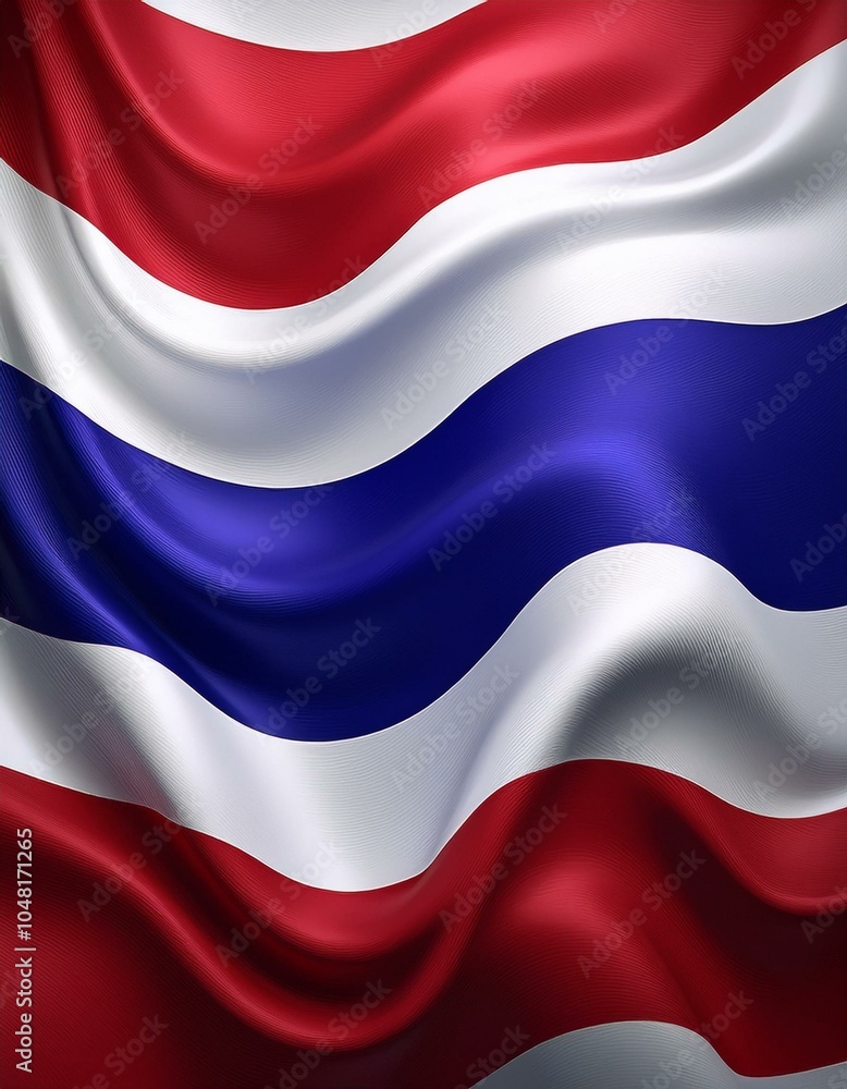 Fototapeta premium Thai Flag with Wave Pattern: A horizontal tricolor of red, white, and blue, arranged with a soft wave texture, giving a sense of movement and energy