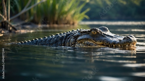 A crocodile partially submerged in tranquil waters, showcasing its textured skin and keen eyes.