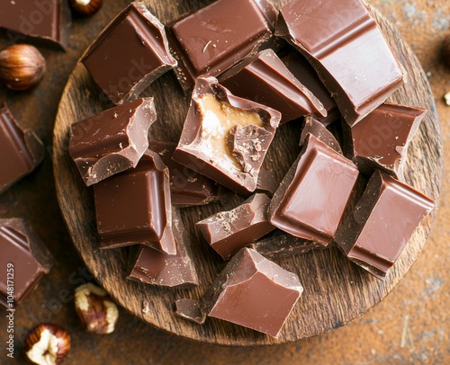 Delicious chocolate pieces with hazelnuts on a rustic wooden board. photo