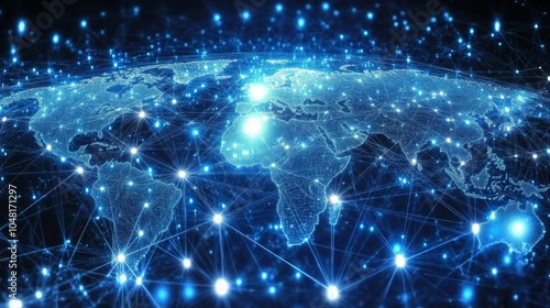 A digital illustration of the world map with glowing lines connecting cities and continents, symbolizing global connection and network.
